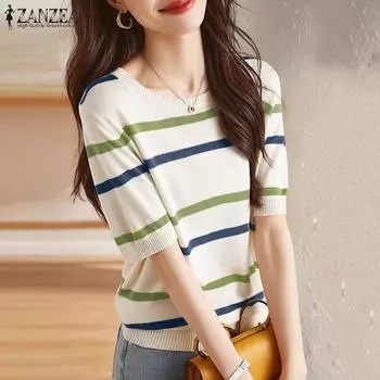 Женская летняя повседневная полосатая футболка с круглым вырезом и коротким рукавом ZANZEA 4XL жёлтый