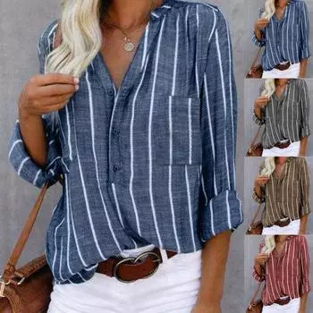 Женская летняя повседневная приталенная рубашка в полоску с отворотом и длинным рукавом на полупуговицах S серый