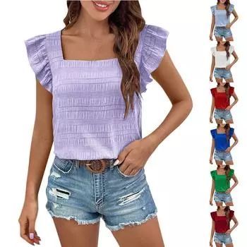 Женская летняя повседневная пуловерная футболка с рюшами и однотонным топом с короткими рукавами L синий