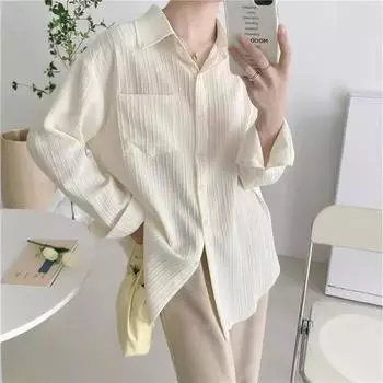 Женская летняя повседневная рубашка с длинными рукавами и воротником, однотонная тонкая рубашка S белый