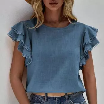 Женская летняя повседневная рубашка с круглым вырезом и рюшами, пуловер с короткими рукавами, однотонная блузка свободного покроя, уличная одежда L розовый