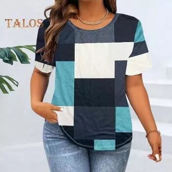 Женская летняя повседневная рубашка с круглым вырезом и коротким рукавом, свободная рубашка с квадратным принтом, рабочая блузка для отдыха, уличная одежда 4XL розы красного