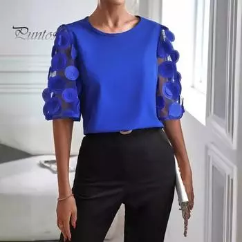 Женская летняя повседневная рубашка с круглым вырезом и 3D цветочным узором, футболка с короткими рукавами, однотонная футболка свободного покроя, уличная одежда XL синий