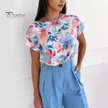 Женская летняя повседневная рубашка с круглым вырезом и коротким рукавом, свободная рубашка с цветочным принтом, рабочая блузка для отдыха, уличная одежда L розы красного