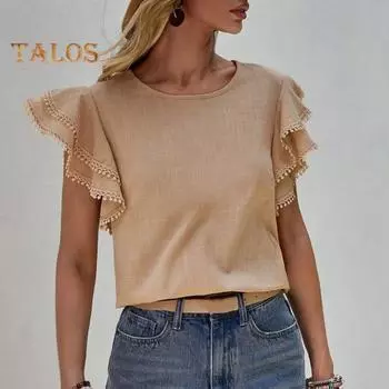 Женская летняя повседневная рубашка с круглым вырезом и рюшами, пуловер с короткими рукавами, однотонная блузка свободного покроя, уличная одежда L розовый