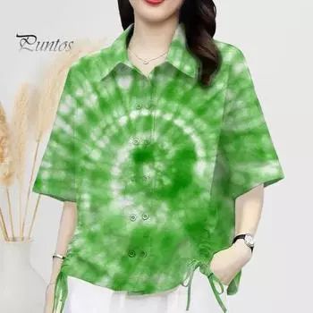 Женская летняя повседневная рубашка с лацканами и короткими рукавами, двубортная рубашка с принтом тай-дай и принтом на шнуровке, свободный крой жёлтый