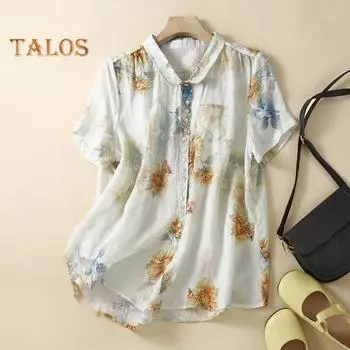 Женская летняя повседневная рубашка с лацканами и коротким рукавом, свободная рубашка с карманом, тонкая дышащая однобортная рубашка, топ M хаки