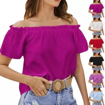 Женская летняя повседневная рубашка с открытыми плечами и оборками, короткий рукав L чёрный