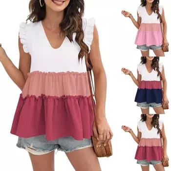 Женская летняя повседневная рубашка с рюшами и рукавами в стиле пэчворк и V-образным вырезом, топы на бретелях L горячий розовый