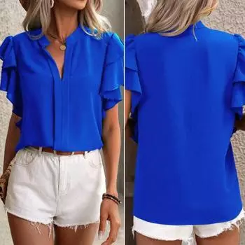 Женская летняя повседневная рубашка с v-образным вырезом и рюшами, пуловер с короткими рукавами, однотонная блузка свободного покроя, женская одежда L