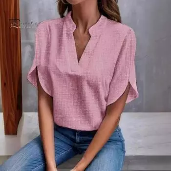 Женская летняя повседневная рубашка с v-образным вырезом и коротким рукавом, свободный пуловер, топы, офисная женская простая блузка, рабочая одежда 2XL белый