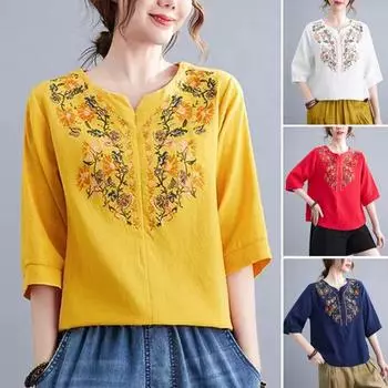 Женская летняя повседневная рубашка с v-образным вырезом и половиной рукавов, пуловер, топы с вышивкой и цветочным узором, свободная посадка, удобная дышащая блузка 3XL темно-синий