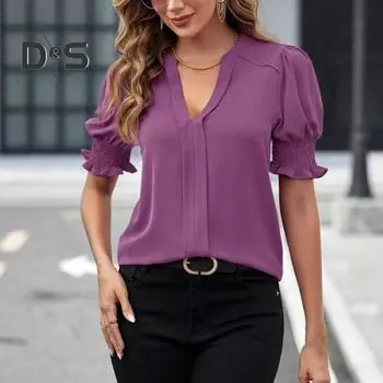 Женская летняя повседневная рубашка с v-образным вырезом и пышным пуловером с короткими рукавами, облегающая однотонная тонкая блузка, уличная одежда XL чёрный