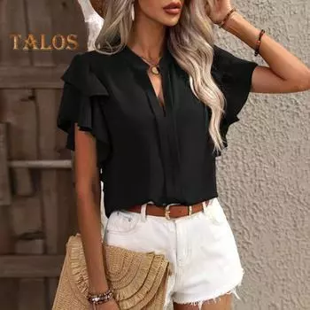 Женская летняя повседневная рубашка с v-образным вырезом и рюшами, пуловер с короткими рукавами, однотонная блузка свободного покроя, женская одежда L темно-зеленого