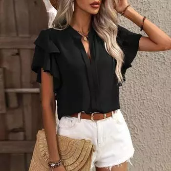 Женская летняя повседневная рубашка с v-образным вырезом и рюшами, пуловер с короткими рукавами, однотонная блузка свободного покроя, женская одежда S темно-зеленого