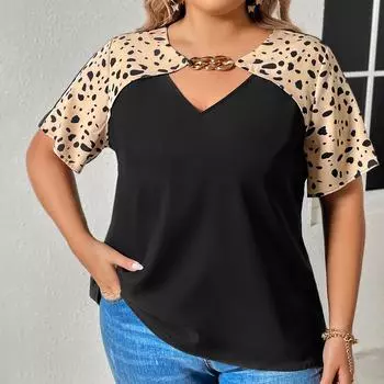 Женская летняя повседневная рубашка с v-образным вырезом и вырезом в стиле пэчворк, с коротким рукавом и принтом в горошек, свободная модная рубашка-пуловер, дышащая легкая удобная рубашка размера плюс XL