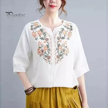 Женская летняя повседневная рубашка с v-образным вырезом и половиной рукавов, пуловер, топы с вышивкой и цветочным узором, свободная посадка, удобная дышащая блузка M темно-синий