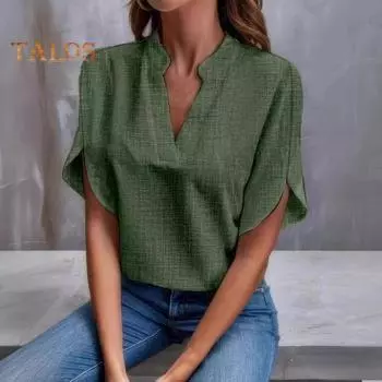 Женская летняя повседневная рубашка с v-образным вырезом и коротким рукавом, свободный пуловер, топы, офисная женская простая блузка, рабочая одежда L армия зеленый