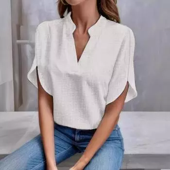 Женская летняя повседневная рубашка с v-образным вырезом и коротким рукавом, свободный пуловер, топы, офисная женская простая блузка, рабочая одежда 2XL белый