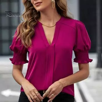 Женская летняя повседневная рубашка с v-образным вырезом и пышным пуловером с короткими рукавами, облегающая однотонная тонкая блузка, уличная одежда XL чёрный