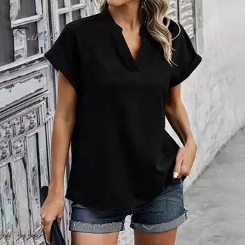 Женская летняя повседневная рубашка с v-образным вырезом и коротким рукавом, свободный пуловер, топы, офисная женская простая блузка, рабочая одежда L темно-коричневого