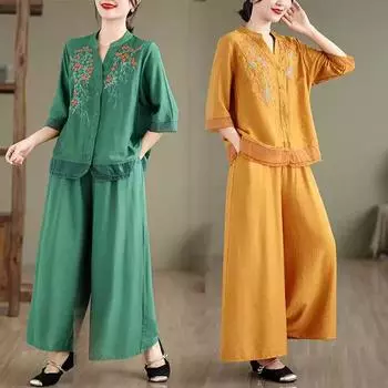 Женская летняя повседневная рубашка в винтажном стиле с V-образным вырезом и цветочной вышивкой, свободные женские топы с коротким рукавом, рубашки + брюки, костюмы XXL зелёный