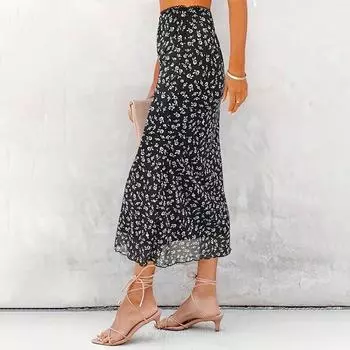 Женская летняя повседневная сетчатая элегантная юбка средней длины с цветочным принтом S чёрный