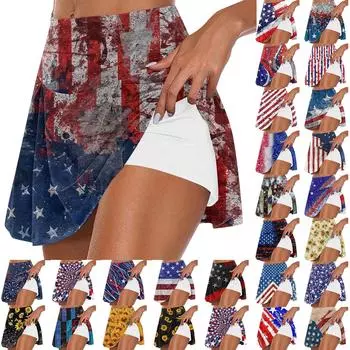 Женская летняя повседневная спортивная фитнес-беговая йога-теннисная юбка с принтом на День независимости, плиссированные юбки, шорты L синий