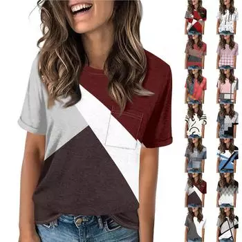 Женская летняя повседневная свободная футболка с карманами и винтажным принтом с круглым вырезом и коротким рукавом XXL