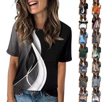 Женская летняя повседневная свободная футболка с карманами и винтажным принтом с круглым вырезом и коротким рукавом L тёмно-синий