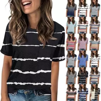Женская летняя повседневная свободная футболка с коротким рукавом и круглым вырезом с полосатым принтом и карманами XXL