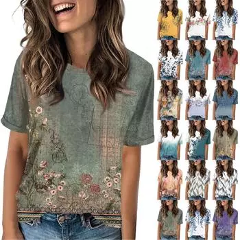 Женская летняя повседневная свободная футболка с короткими рукавами и круглым вырезом с цветочным принтом и карманом S оранжевый
