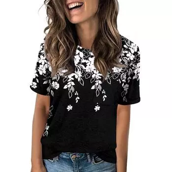 Женская летняя повседневная свободная футболка с короткими рукавами и круглым вырезом с цветочным принтом и карманом S винный