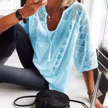 Женская летняя повседневная свободная кружевная рубашка, топы, модная белая рубашка, блузка, женская рубашка с U-образным вырезом и рукавом 3/4, вышитая блузка, одежда больших размеров XXXXXL белый