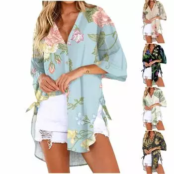 Женская летняя повседневная свободная льняная рубашка с рукавами 7/4 и персонализированным принтом XXL чёрный