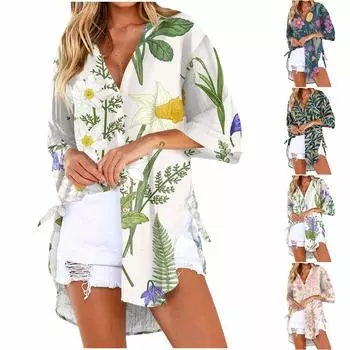 Женская летняя повседневная свободная льняная рубашка с рукавами 7/4 и персонализированным принтом XL