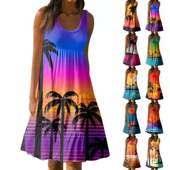 Женская летняя повседневная свободная пляжная юбка без рукавов с круглым вырезом, модное платье с принтом L чёрный