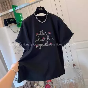 Женская летняя повседневная свободная простая вышитая буква с коротким рукавом блузка M чёрный