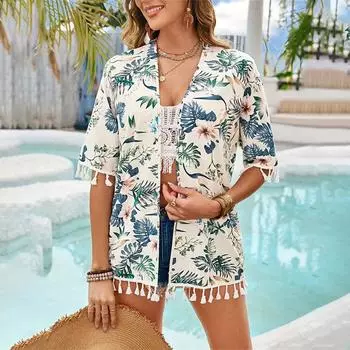 Женская летняя повседневная свободная рубашка с бахромой и коротким рукавом с принтом S абрикосовый