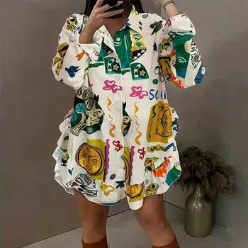 Женская летняя повседневная свободная рубашка с длинным рукавом с принтом и рюшами S цветочный