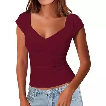 Женская летняя повседневная тонкая эластичная футболка с высоким темпераментом S бордовый