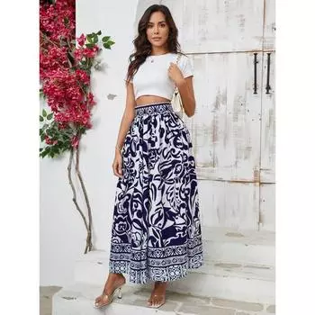 Женская летняя повседневная юбка до середины тела с высокой талией и принтом, большая распашная юбка S темно-синий
