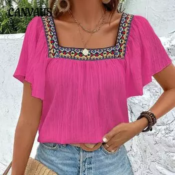 Женская летняя праздничная кружевная вышитая рубашка с квадратным вырезом, пуловер с оборками, короткий рукав, открытая спина, блузка S белый