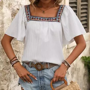 Женская летняя праздничная кружевная вышитая рубашка с квадратным вырезом и коротким рукавом с открытой спиной в виде листьев лотоса S-XL S белый