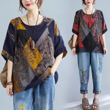 Женская летняя принтованная винтажная футболка с плетением, новая повседневная свободная футболка с коротким рукавом и круглым вырезом, топы, модная женская одежда M кофейный