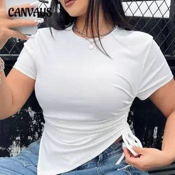 Женская летняя простая облегающая блузка с круглым вырезом и однотонным принтом 1XL белый