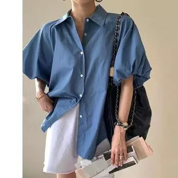 Женская летняя простая рубашка с коротким рукавом, свободная повседневная модная пышная короткая блузка с принтом, женские элегантные топы, облегающие винтажные офисные женские рубашки 24302 M белый