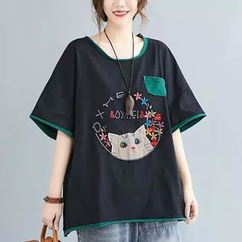 Женская летняя простая свободная футболка большого размера с вышивкой и коротким рукавом, женская одежда, повседневные винтажные универсальные топы L чёрный