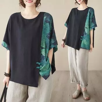 Женская летняя простая свободная темпераментная футболка с коротким рукавом и принтом в стиле тай-дай с круглым вырезом, женская повседневная тонкая принтованная футболка XXXXXL чёрный
