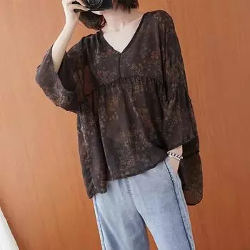 Женская летняя ретро-футболка с цветочным принтом и рукавом-семьюминетом, V-образным вырезом, свободные и удобные солнцезащитные топы One Size